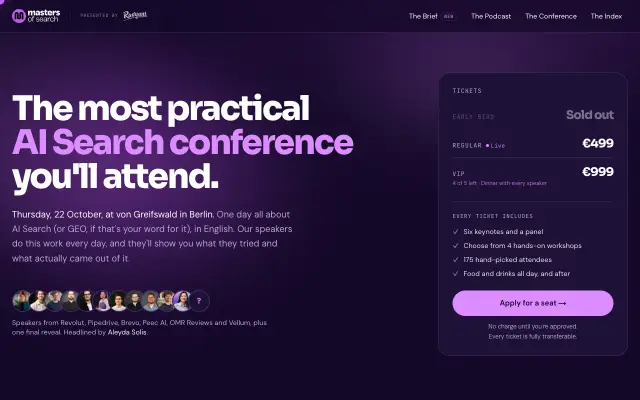 Page d'accueil du site de Masters of Search Conference