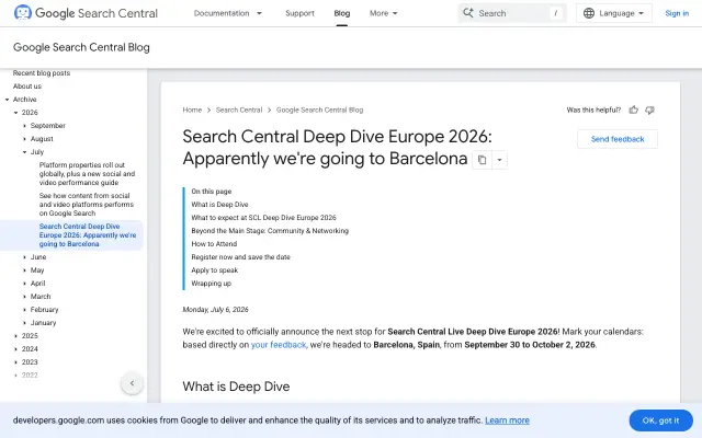 Page d'accueil du site de Search Central Live Deep Dive Europe