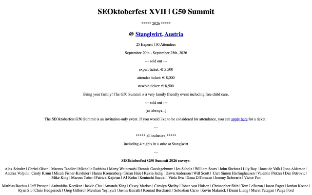 Page d'accueil du site de SEOktoberfest (G50 Summit)