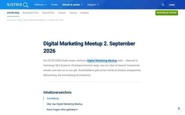 Page d'accueil du site de SISTRIX Digital Marketing Meetup