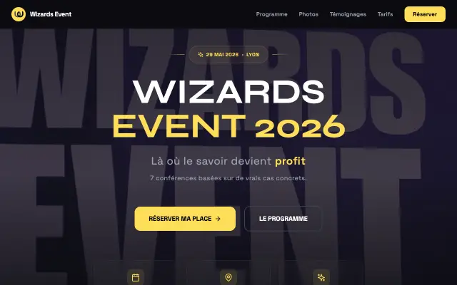 Page d'accueil du site de Wizards Event